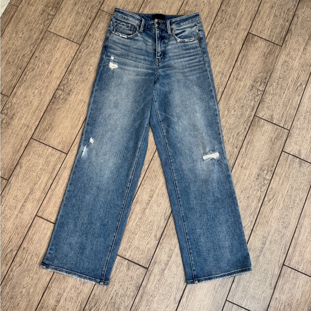 Buckle Distressed Blue Flare Jeans